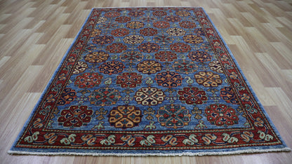 3x5 Ft Oriental Small Area Rug, Blue Red Afghan Hand Knotted Wool Traditional Rectangle Carpet, Rugs For Entryway, Kitchen Rug, Bathroom Rug