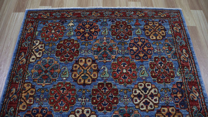 3x5 Ft Oriental Small Area Rug, Blue Red Afghan Hand Knotted Wool Traditional Rectangle Carpet, Rugs For Entryway, Kitchen Rug, Bathroom Rug