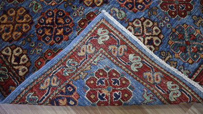 3x5 Ft Oriental Small Area Rug, Blue Red Afghan Hand Knotted Wool Traditional Rectangle Carpet, Rugs For Entryway, Kitchen Rug, Bathroom Rug