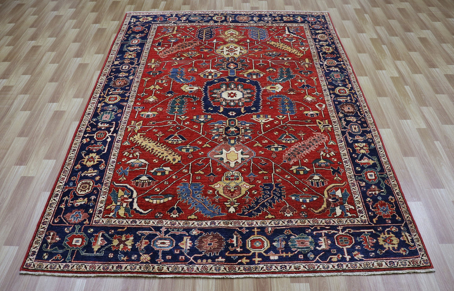 6x9 Ft Oriental Serapi Area Rug, Red Afghan Hand Knotted Wool Traditional Rectangle Carpet, Living Room Rug, Bedroom Rug, Dining Table Rug