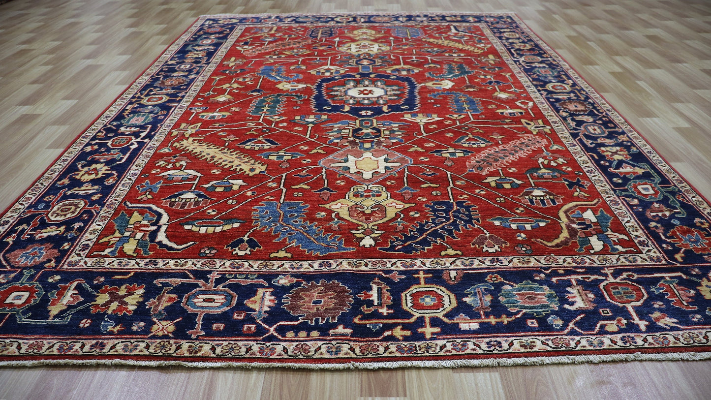 6x9 Ft Oriental Serapi Area Rug, Red Afghan Hand Knotted Wool Traditional Rectangle Carpet, Living Room Rug, Bedroom Rug, Dining Table Rug