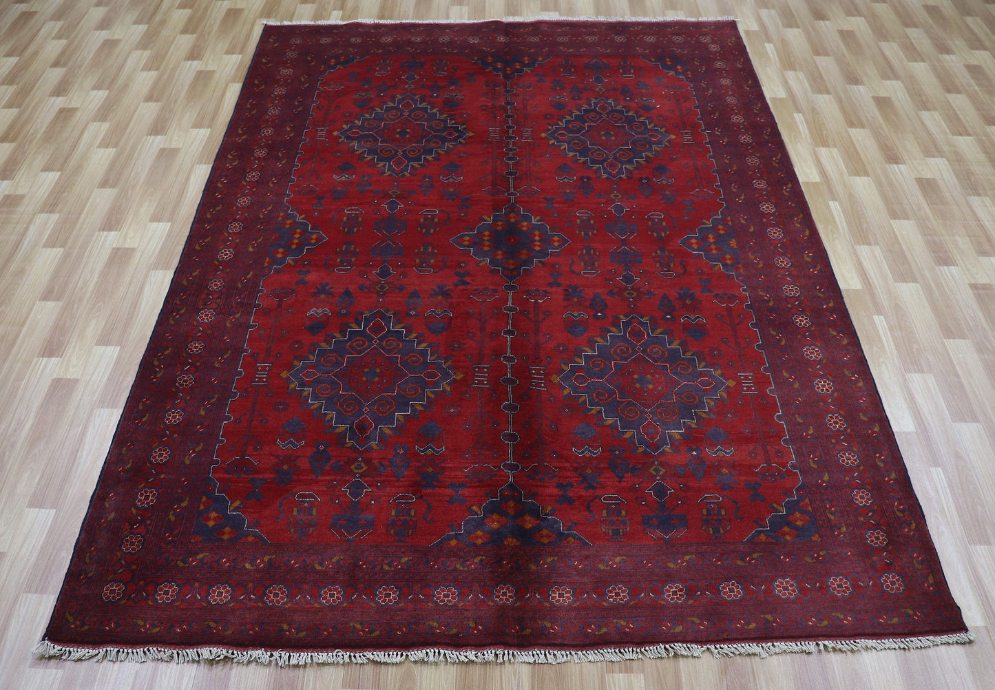 6x9 Ft Oriental Bokhara Area Rug, Red Afghan Hand Knotted Wool Traditional Rectangle Carpet, Living Room Rug, Bedroom Rug, Dining Table Rug