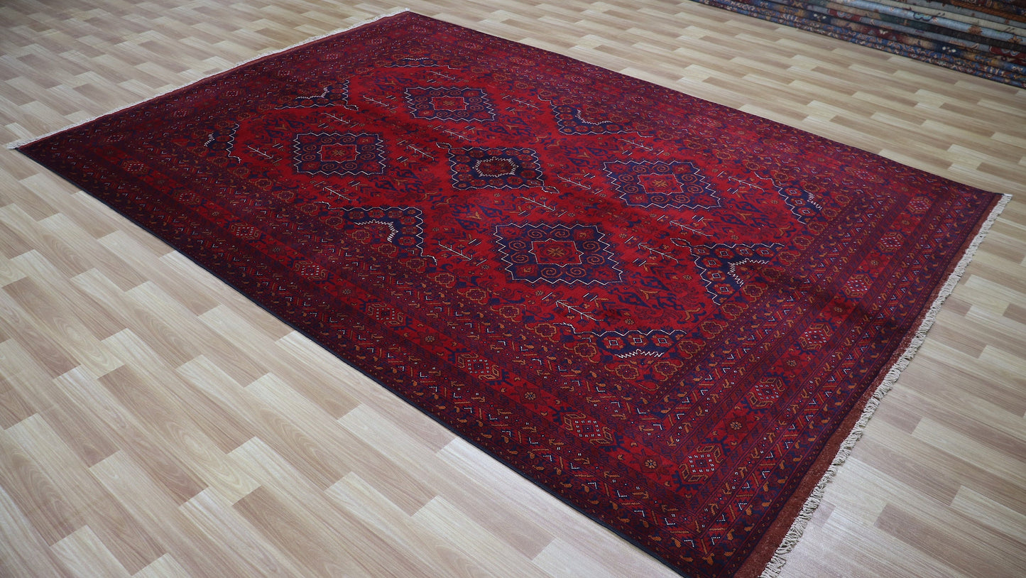 7x10 Ft Oriental Bokhara Area Rug, Red Afghan Hand Knotted Wool Traditional Rectangle Carpet, Living Room Rug, Bedroom Rug, Dining Table Rug