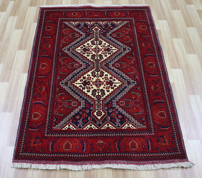 3x5 ft Oriental Bokhara Small Area Rug, Red Afghan Hand Knotted Wool Traditional Rectangle Carpet, Entryway Rug, Kitchen Rug, Bathroom Rug