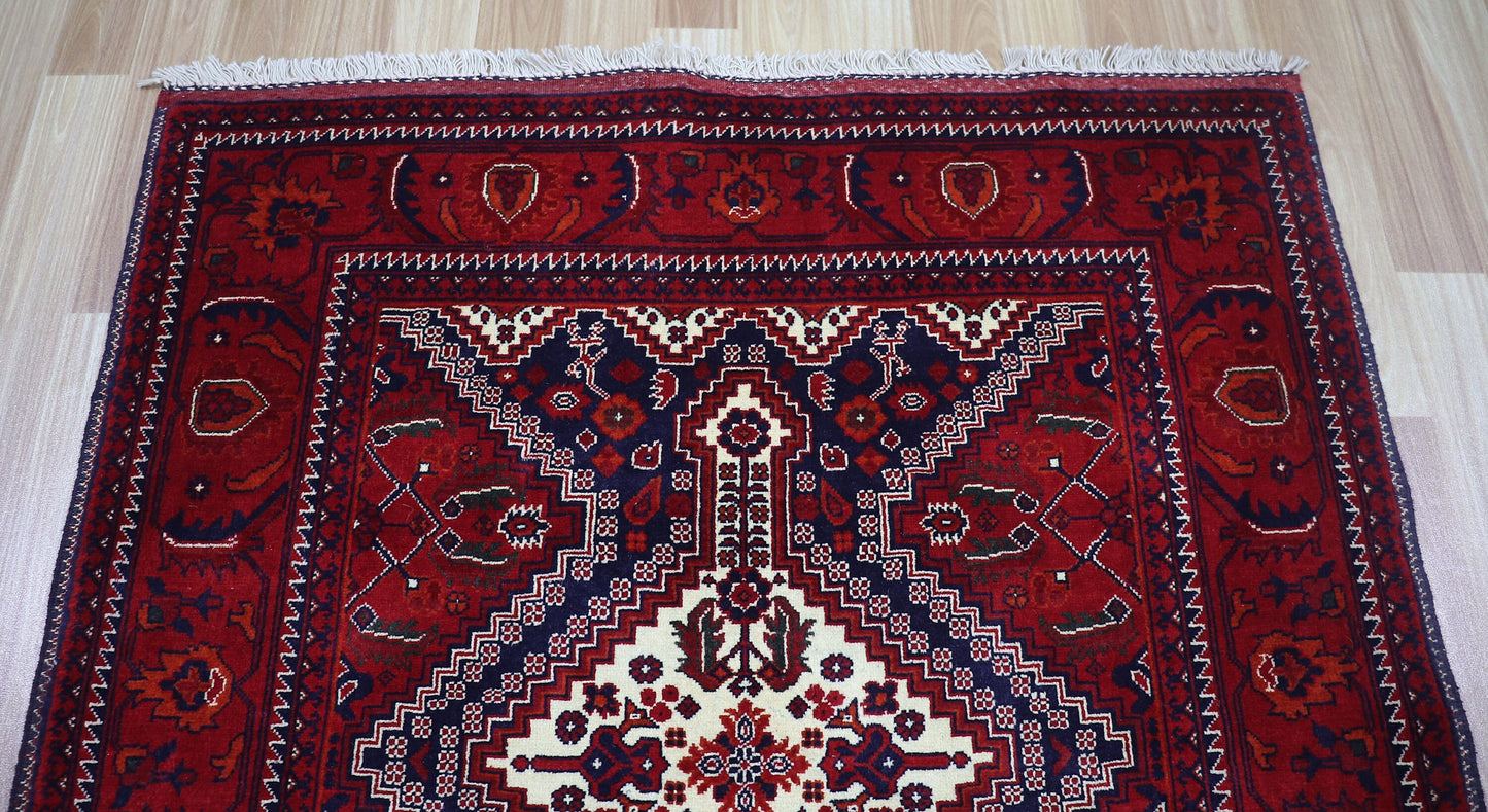 3x5 ft Oriental Bokhara Small Area Rug, Red Afghan Hand Knotted Wool Traditional Rectangle Carpet, Entryway Rug, Kitchen Rug, Bathroom Rug