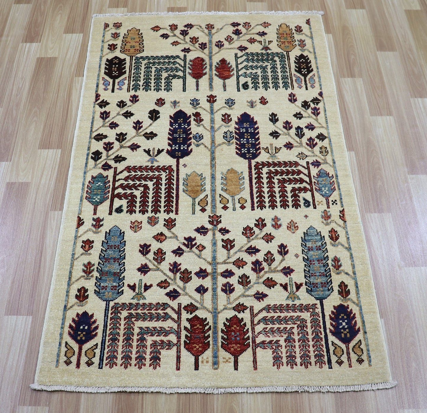 3x5 ft Tree Tribal Small Area Rug, Beige Afghan Hand Knotted Wool Traditional Rectangle Carpet, Rugs For Entryway, Kitchen Rug, Bathroom Rug