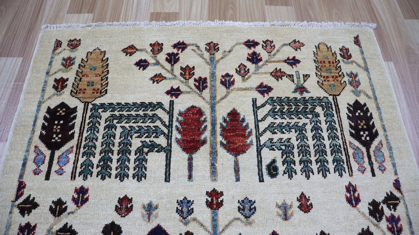 3x5 ft Tree Tribal Small Area Rug, Beige Afghan Hand Knotted Wool Traditional Rectangle Carpet, Rugs For Entryway, Kitchen Rug, Bathroom Rug