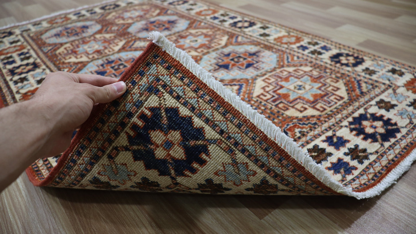 3x5 Ft Oriental Bokhara Area Rug, Red Afghan Hand Knotted Wool Traditional Rectangle Carpet, Rugs For Entryway, Kitchen Rug, Bathroom Rug