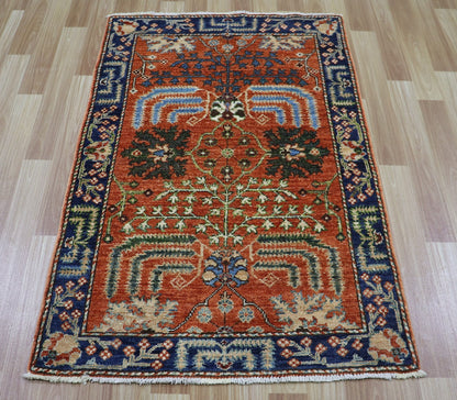 3x4 ft Tribal Small Area Rug, Red  Blue Afghan Hand Knotted Wool Traditional Rectangle Carpet, Rugs For Entryway, Kitchen Rug, Bathroom Rug