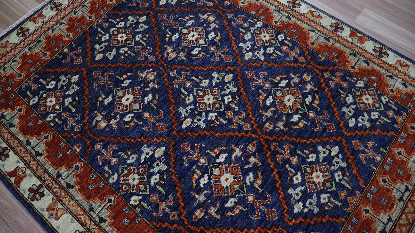 3x5 Ft Oriental Small Area Rug, Blue Red Afghan Hand Knotted Wool Traditional Rectangle Carpet, Rugs For Entryway, Kitchen Rug, Bathroom Rug