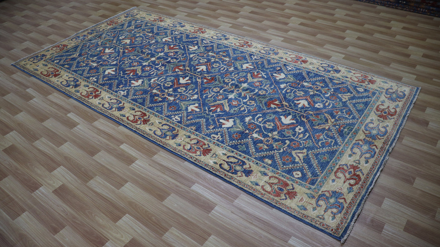 5x10 Ft Oriental Area Rug, Blue Afghan Hand Knotted Wool Traditional Rectangle Carpet, Rugs For Living Room, Bedroom Rug, Dining Table Rug