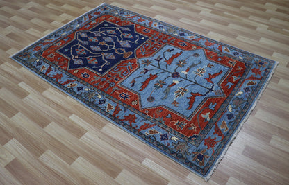 4x6 Ft Oriental Area Rug, Blue Red Afghan Hand Knotted Wool Traditional Rectangle Carpet, Rugs For Living Room, Bedroom Rug, Entryway Rug