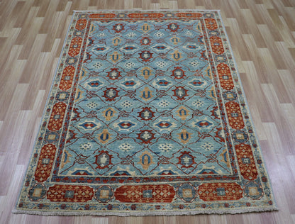 4x6 Ft Oriental Area Rug, Blue Red Afghan Hand Knotted Wool Traditional Rectangle Carpet, Rugs For Living Room, Bedroom Rug, Entryway Rug