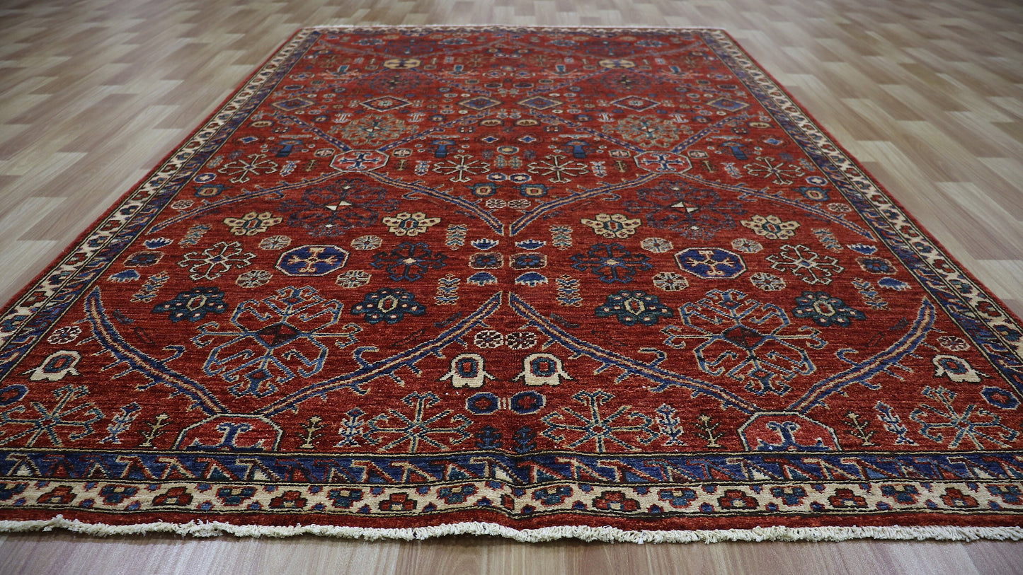 5x8 ft Red Oriental Area Rug, Afghan Hand Knotted Wool Traditional Rectangle Carpet, Rugs For Living Room, Bedroom Rug, Dining Table Rug