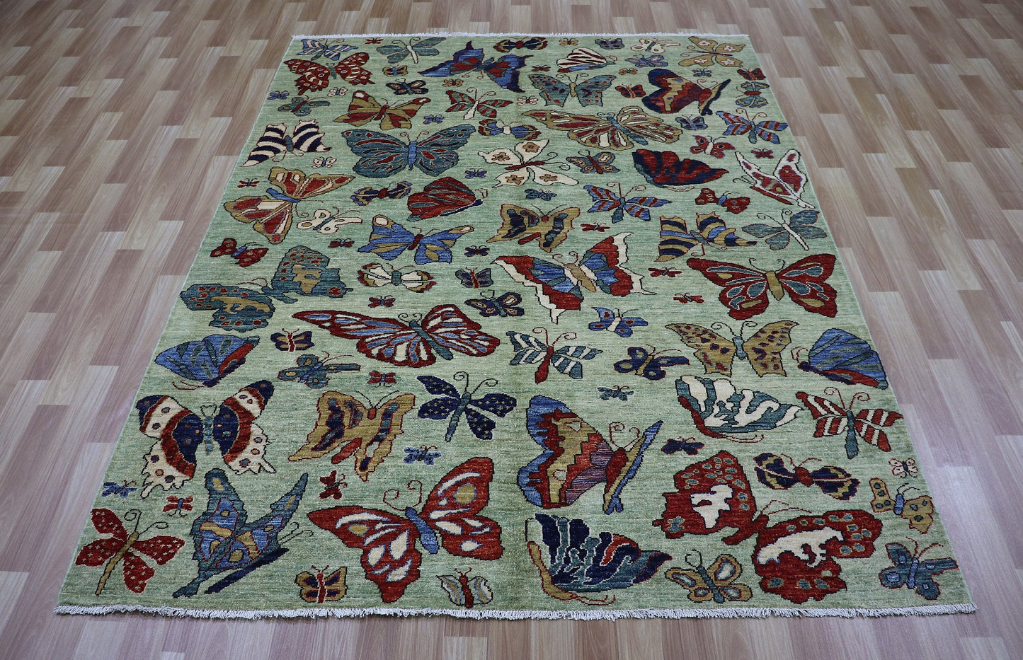 6x8 ft Butterfly Gabbeh Area Rug, Green Afghan Hand Knotted Wool Tribal Rectangle Carpet, Rug For Living Room, Bedroom Rug, Dining Table Rug