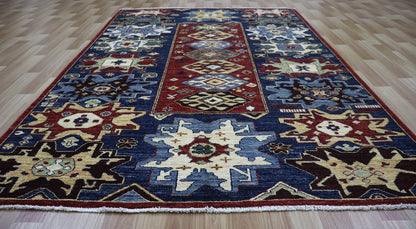 5x7 Ft Oriental Area Rug, Blue Afghan Hand Knotted Wool Traditional Rectangle Carpet, Rugs For Living Room, Bedroom Rug, Dining Table Rug