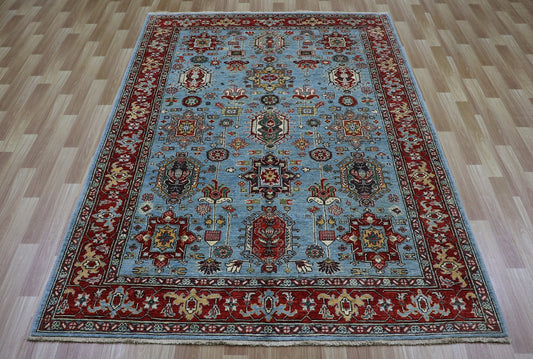 5x8 Ft Oriental Boho Area Rug, Blue Afghan Hand Knotted Wool Traditional Rectangle Carpet, Living Room Rug, Bedroom Rug, Dining Table Rug