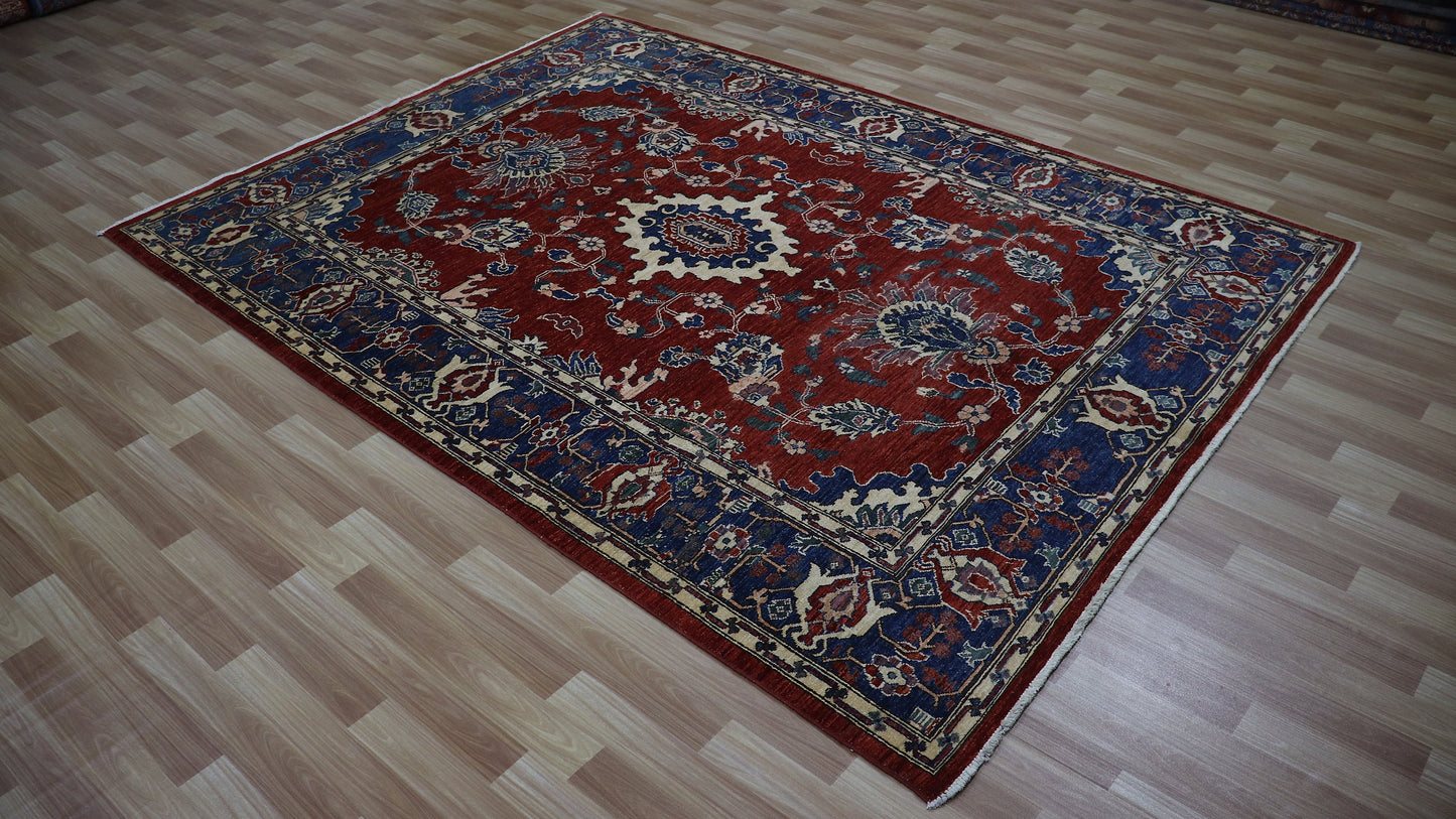 6x8 ft Oriental Area Rug, Red Blue Afghan Hand Knotted Wool Traditional Rectangle Carpet, Rug For Living Room, Bedroom Rug, Dining Table Rug