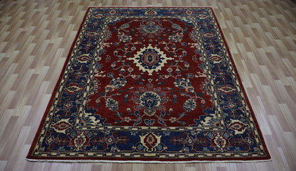 6x8 ft Oriental Area Rug, Red Blue Afghan Hand Knotted Wool Traditional Rectangle Carpet, Rug For Living Room, Bedroom Rug, Dining Table Rug