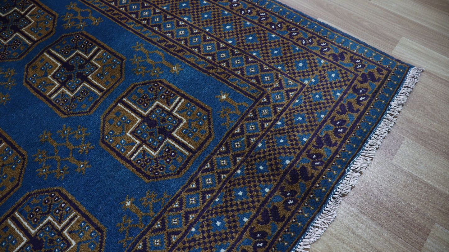 5x6 Ft Oriental Bokhara Plush Wool Area Rug, Blue Afghan Hand Knotted Traditional Rectangle Carpet, Living Room Rug, Bedroom Rug, Office Rug