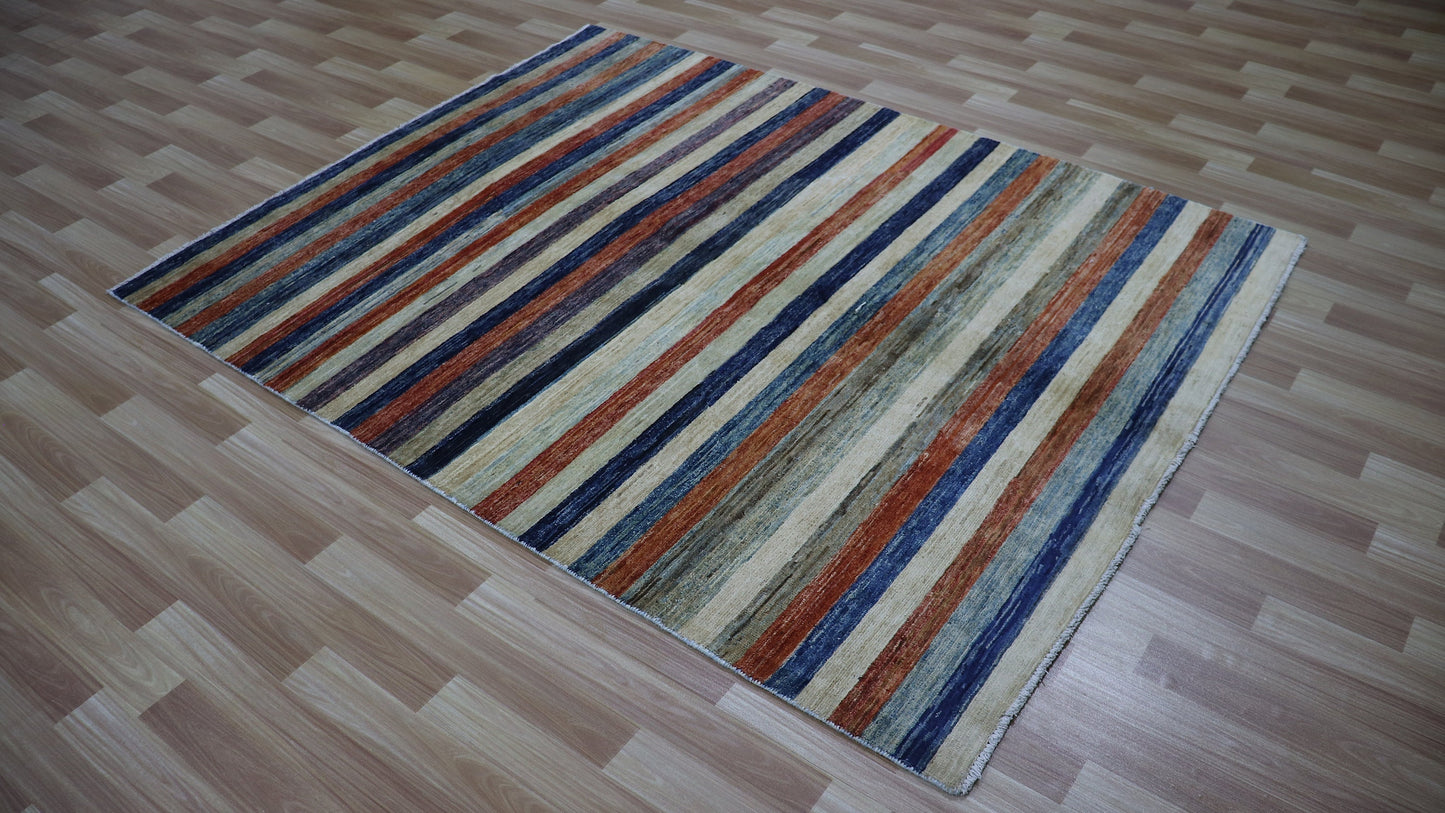 5x6 ft Striped Gabbeh Area Rug, Afghan Hand Knotted Plush Wool Transitional Rectangle Carpet, Rugs For Living Room, Bedroom Rug, Kitchen Rug