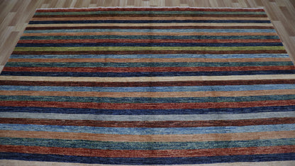 8x10 ft Striped Gabbeh Area Rug, Afghan Hand Knotted Wool Transitional Rectangle Carpet, Rugs For Living Room, Bedroom Rug, Dining Table Rug