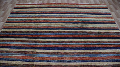 8x11 ft Striped Gabbeh Area Rug, Afghan Hand Knotted Wool Transitional Rectangle Carpet, Rugs For Living Room, Bedroom Rug, Dining Table Rug