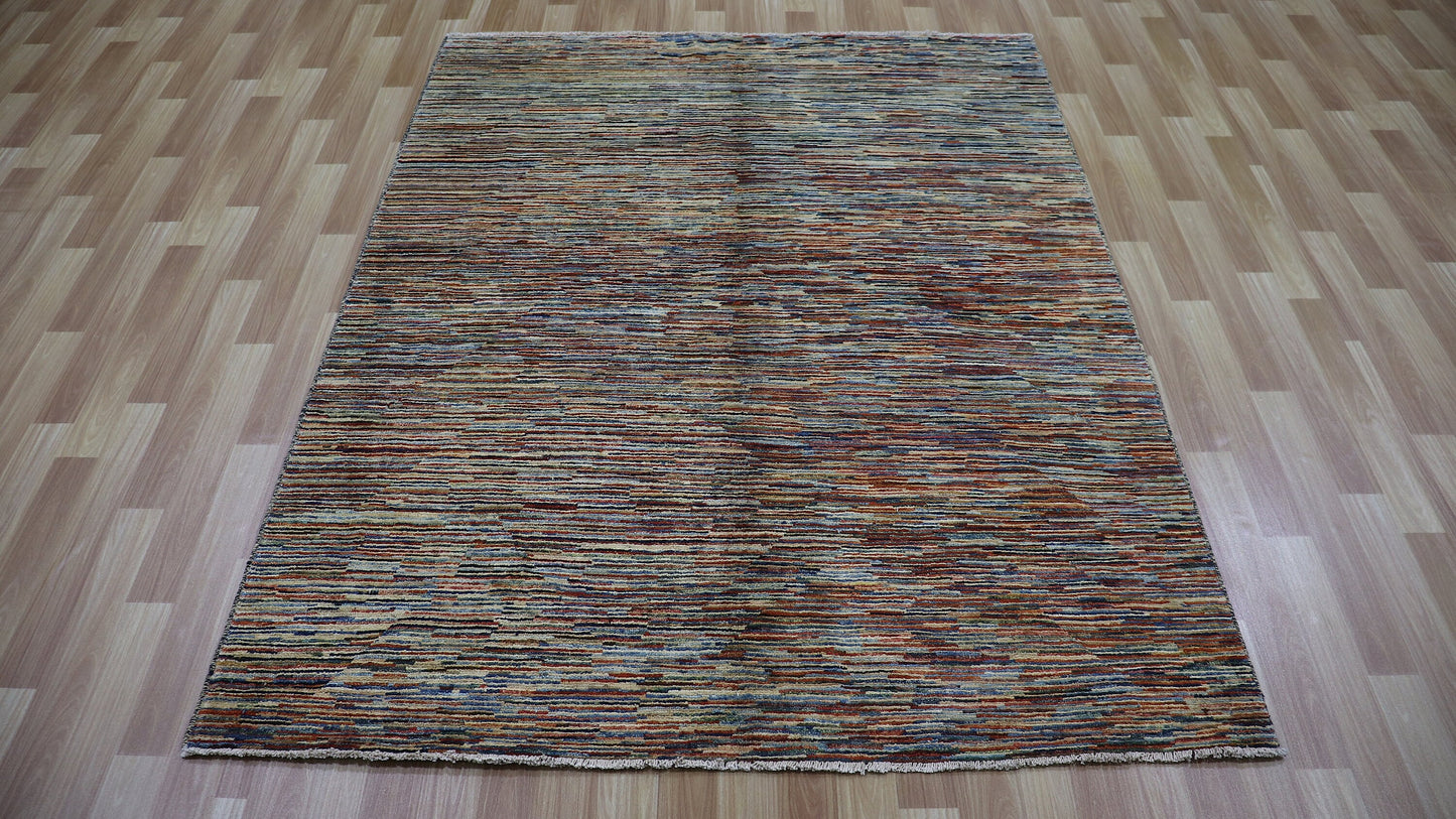 5x6 ft Abstract Gabbeh Area Rug, Multicolor Afghan Hand Knotted Veg Dyes Wool Transitional Rectangle Carpet, Living Room Rug, Bedroom Rug