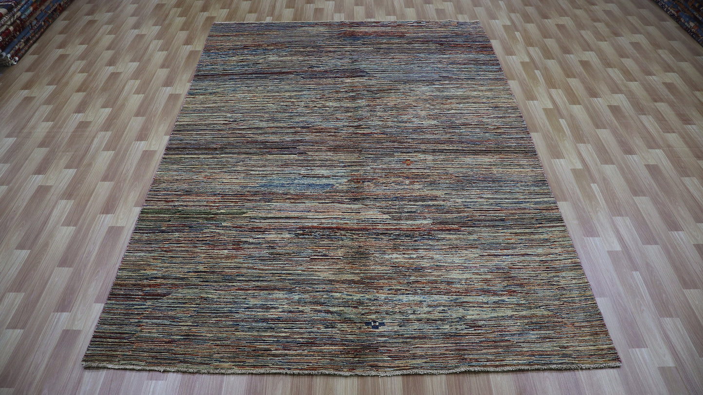 7x10 Ft Gabbeh Wool Area Rug, Afghan Hand Knotted Transitional Rectangle Carpet, Abstract Rug For Living Room, Bedroom Rug, Dining Table Rug