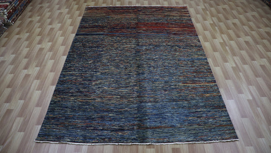 7x10 ft Blue Gabbeh Modern Area Rug, Afghan Hand Knotted Wool Transitional Rectangle Carpet, Living Room Rug, Bedroom Rug, Dining Table Rug