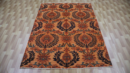 6x8 Ft Floral Area Rug, Orange Afghan Hand Knotted Wool Traditional Rectangle Carpet, Rugs For Living Room, Bedroom Rug, Dining Table Rug