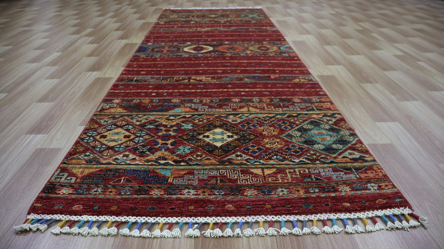 8 Ft Oriental Runner Rug, Red Afghan Hand Knotted Wool Traditional Rectangle Carpet, Entryway Rug, Hallway Rug, Kitchen Rug, Foyer Rug