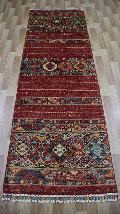 8 Ft Oriental Runner Rug, Red Afghan Hand Knotted Wool Traditional Rectangle Carpet, Entryway Rug, Hallway Rug, Kitchen Rug, Foyer Rug