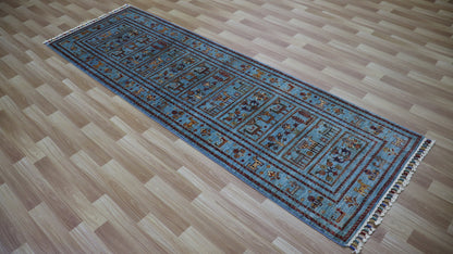 8 Ft Animal Print Runner Rug, Blue Afghan Hand Knotted Wool Traditional Rectangle Carpet, Entryway Rug, Hallway Rug, Kitchen Rug, Foyer Rug