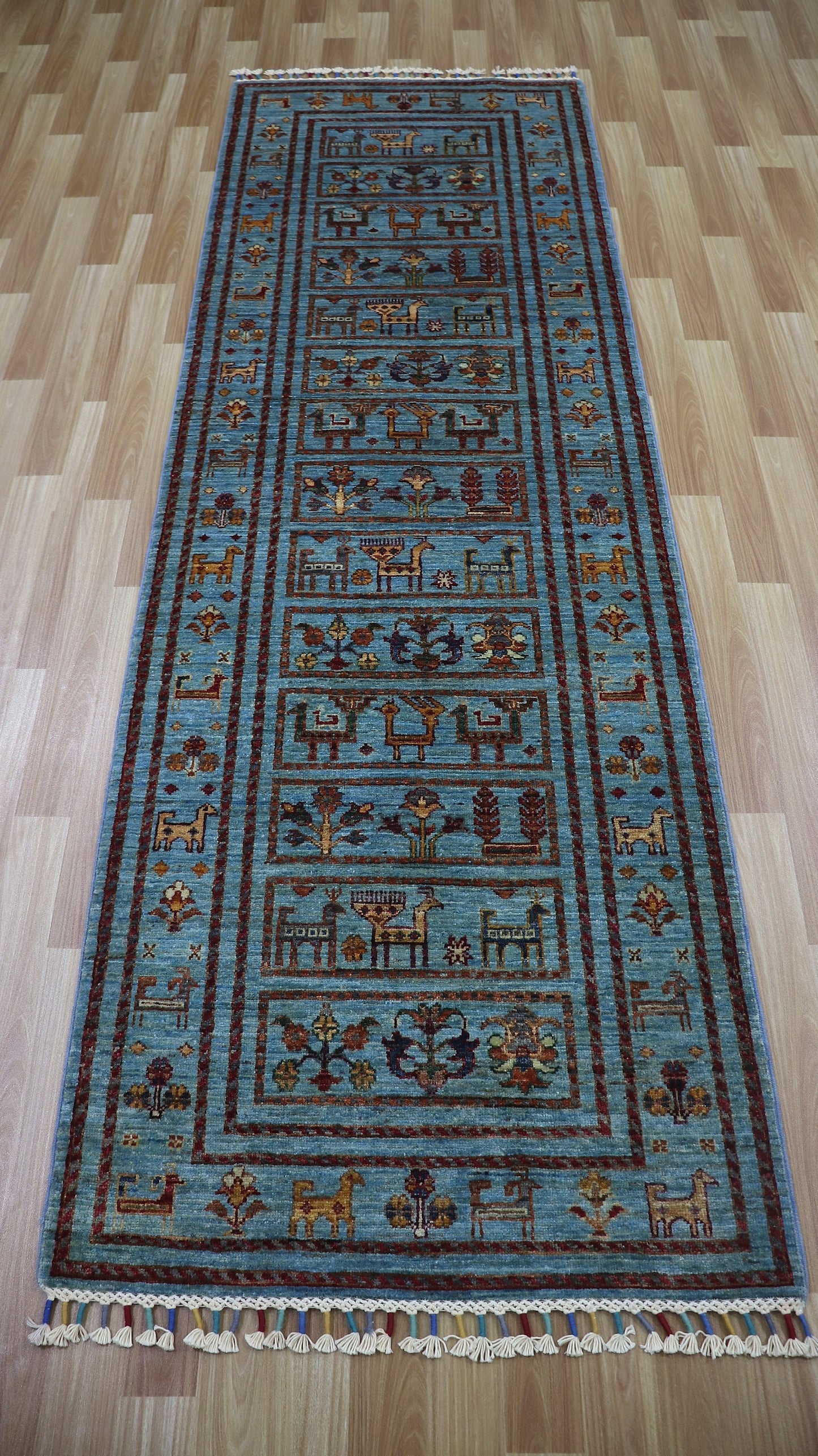 8 Ft Animal Print Runner Rug, Blue Afghan Hand Knotted Wool Traditional Rectangle Carpet, Entryway Rug, Hallway Rug, Kitchen Rug, Foyer Rug