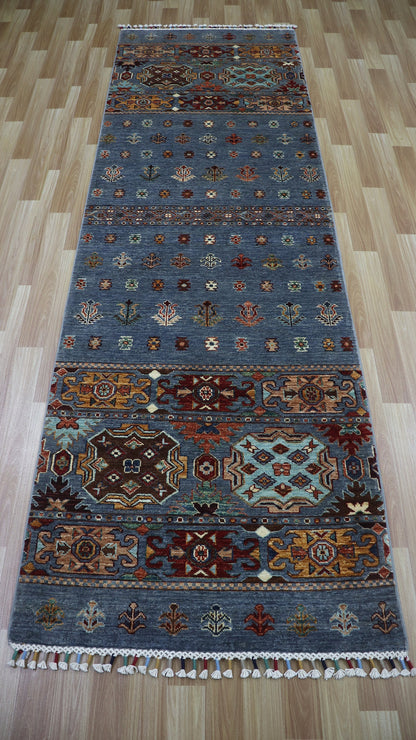 9 Ft Oriental Runner Rug, Gray Afghan Hand Knotted Wool Traditional Rectangle Carpet, Entryway Rug, Hallway Rug, Kitchen Rug, Foyer Rug