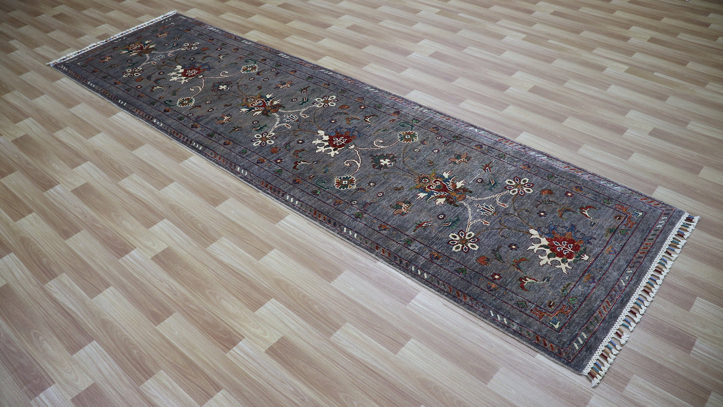 10 Ft Bidjar Runner Rug, Gray Afghan Hand Knotted Wool Traditional Rectangle Carpet, Entryway Rug, Hallway Rug, Kitchen Rug, Foyer Rug