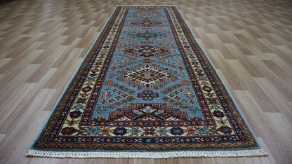 9 Ft Oriental Kazak Runner Rug, Afghan Hand Knotted Wool Traditional Rectangle Carpet, Entryway Rug, Hallway Rug, Kitchen Rug, Foyer Rug