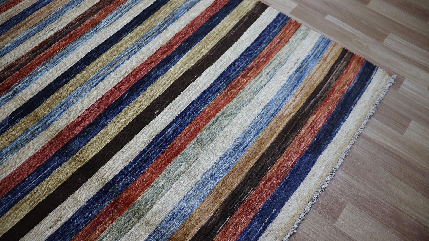 6x10 ft Striped Gabbeh Area Rug, Afghan Hand Knotted Wool Transitional Rectangle Carpet, Rugs For Living Room, Bedroom Rug, Dining Table Rug