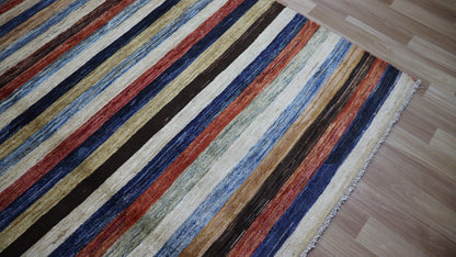 6x10 ft Striped Gabbeh Area Rug, Afghan Hand Knotted Wool Transitional Rectangle Carpet, Rugs For Living Room, Bedroom Rug, Dining Table Rug