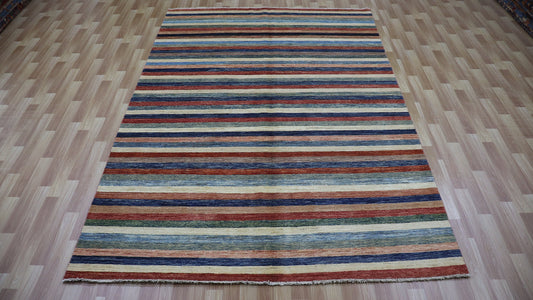 6x10 ft Striped Simple Area Rug, Afghan Hand Knotted Wool Transitional Rectangle Carpet, Rugs For Living Room, Bedroom Rug, Dining Table Rug