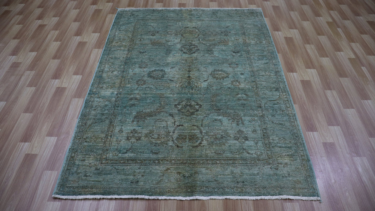 5x7 Ft Blue Floral Area Rug, Afghan Hand Knotted Wool Transitional Rectangle Carpet, Living Room Rug, Bedroom Rug, Entryway Rug, Kitchen Rug