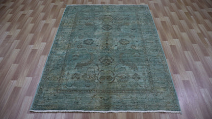 5x7 Ft Blue Floral Area Rug, Afghan Hand Knotted Wool Transitional Rectangle Carpet, Living Room Rug, Bedroom Rug, Entryway Rug, Kitchen Rug