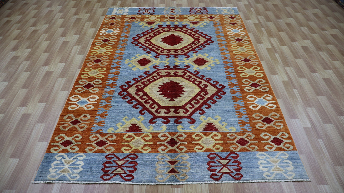 6x9 ft Oriental Area Rug, Blue Afghan Hand Knotted Wool Traditional Rectangle Carpet, Rugs For Living Room, Bedroom Rug, Dining Table Rug