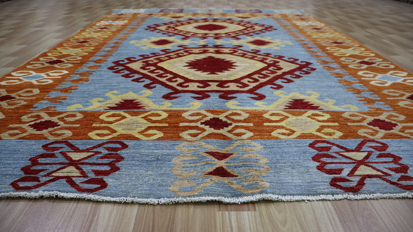 6x9 ft Oriental Area Rug, Blue Afghan Hand Knotted Wool Traditional Rectangle Carpet, Rugs For Living Room, Bedroom Rug, Dining Table Rug