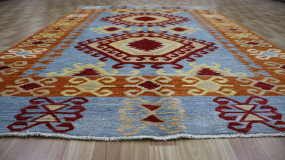 6x9 ft Oriental Area Rug, Blue Afghan Hand Knotted Wool Traditional Rectangle Carpet, Rugs For Living Room, Bedroom Rug, Dining Table Rug