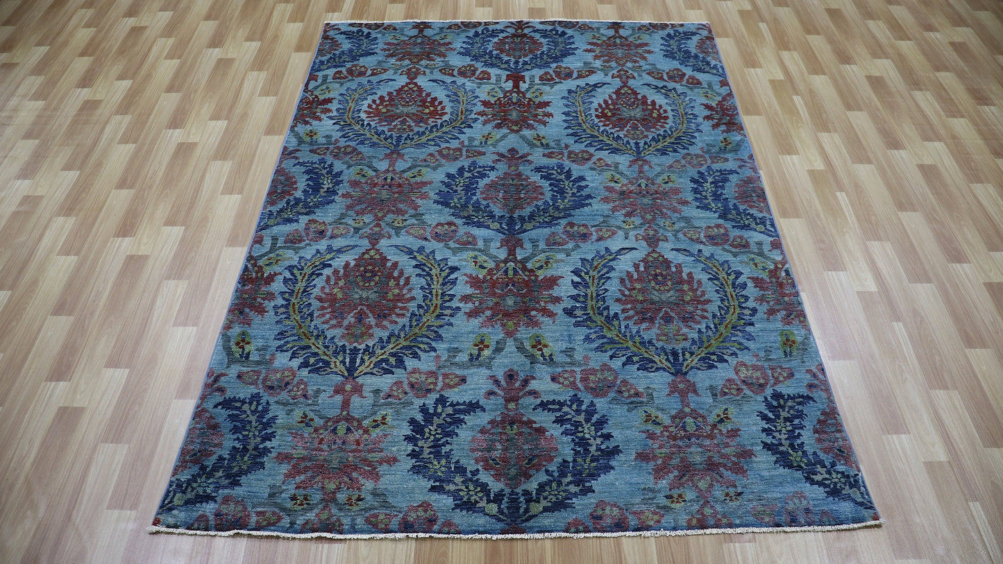 5x8 Ft Blue Floral Area Rug, Afghan Hand Knotted Wool Traditional Rectangle Area Carpet, Rugs For Living Room, Bedroom Rug, Dining Table Rug