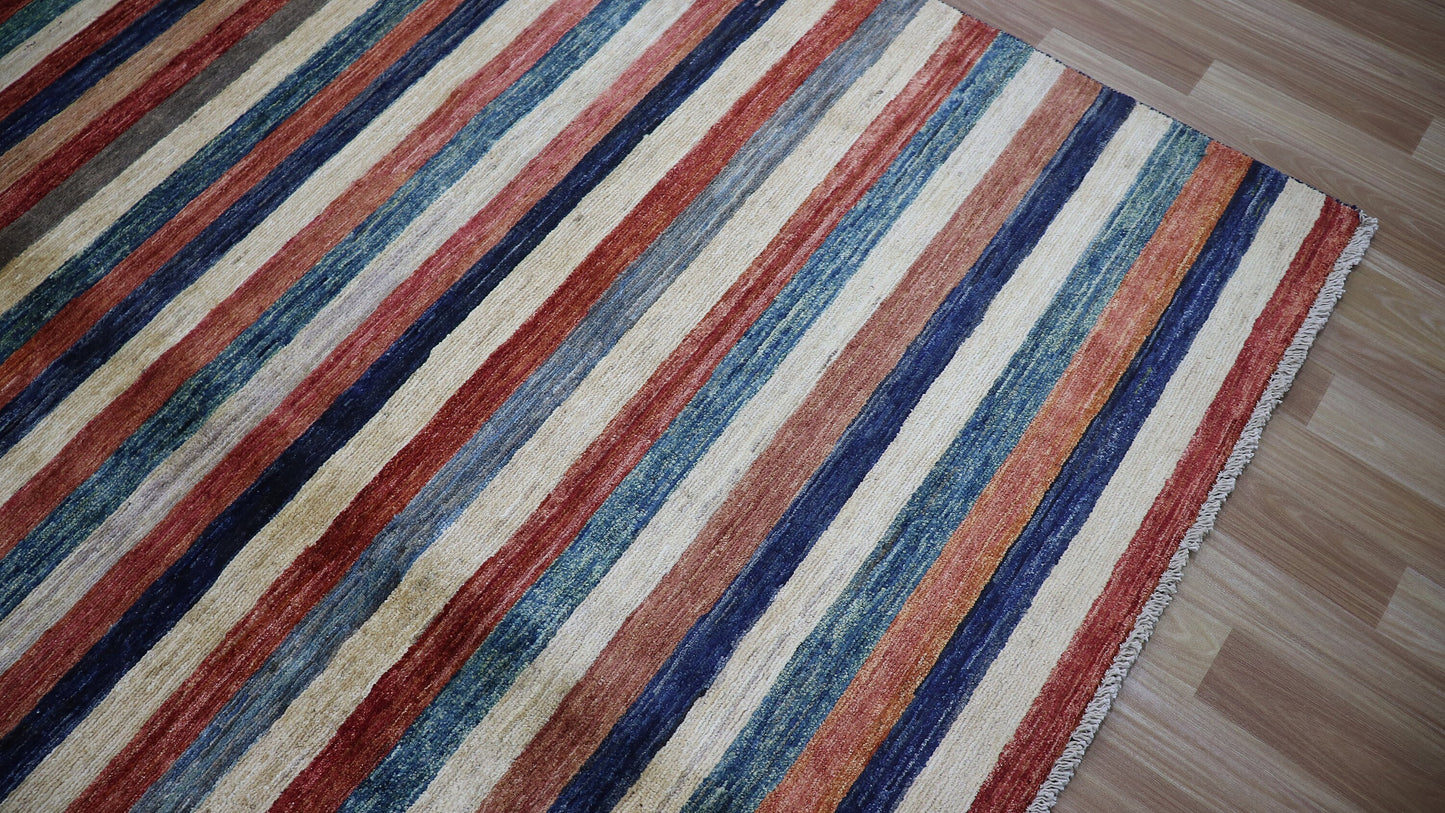 6x9 Ft Striped Plain Area Rug, Afghan Hand Knotted Wool Transitional Rectangle Carpet, Rugs For Living Room, Bedroom Rug, Dining Table Rug