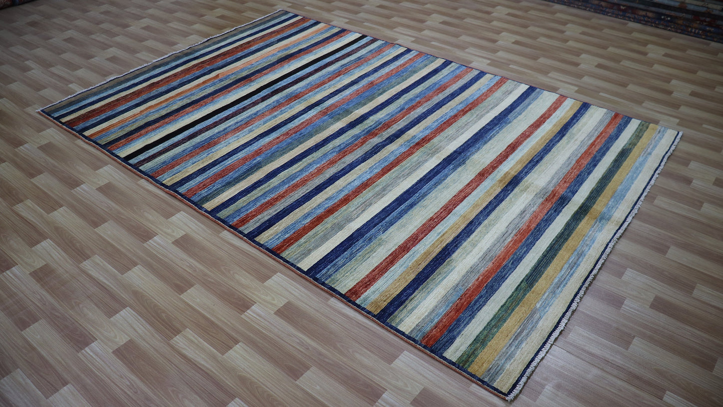 6x10 ft Striped Gabbeh Area Rug, Afghan Hand Knotted Wool Traditional Rectangle Carpet, Rugs For Living Room, Bedroom Rug, Dining Table Rug