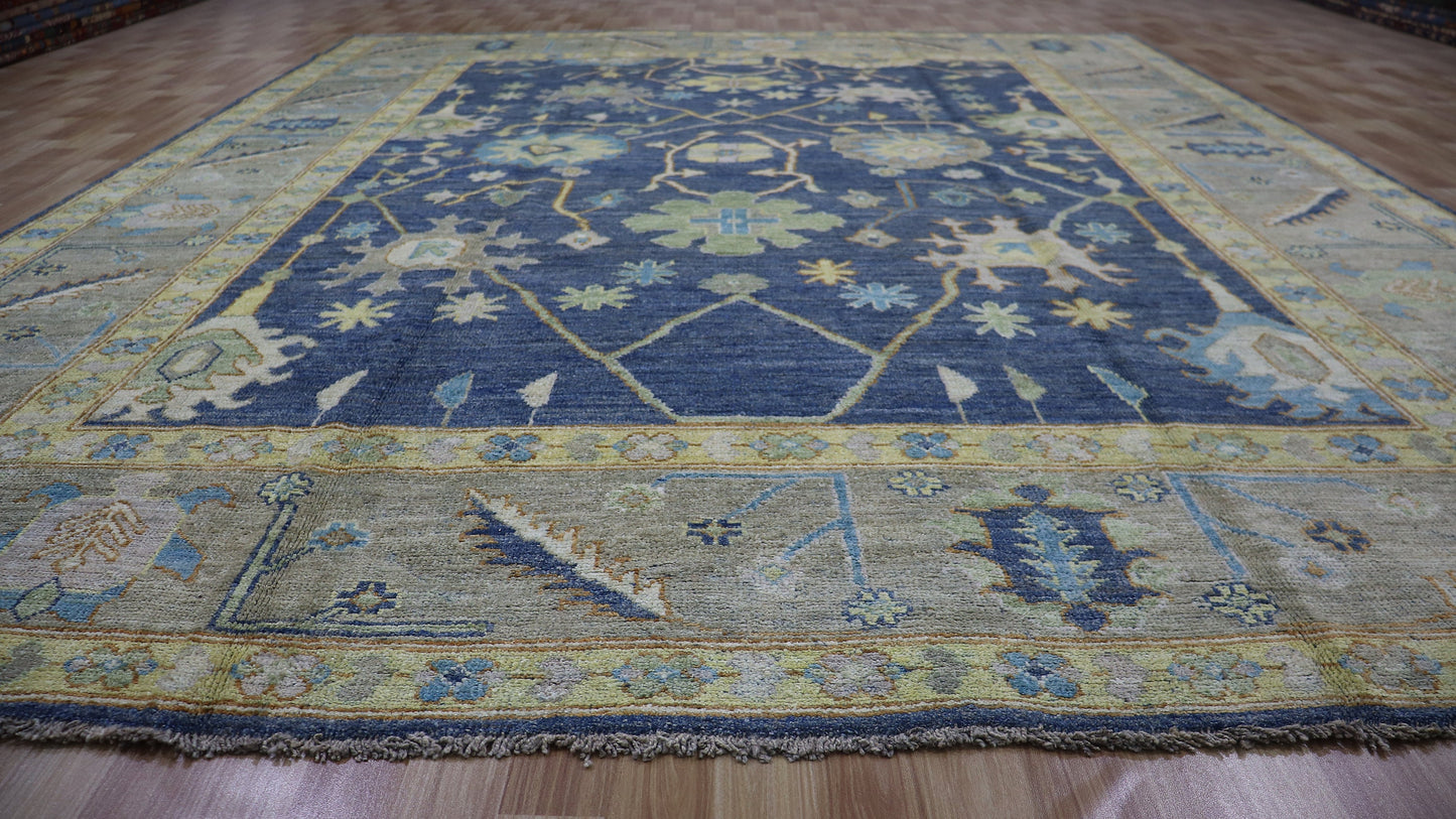 9x11 Ft Blue Bidjar Large Area Rug, Afghan Hand Knotted Plush Wool Traditional Rectangle Carpet, Living Room Rug, Bedroom Rug, Floral Rug